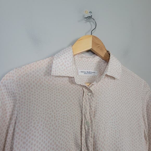 Amina Rubinacci 42/L Silk Button Up Printed Top Shirt Pastel Pink Made in Italy - Picture 3 of 11